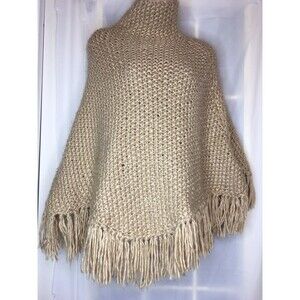 Rue 21 Crochet Knitted  Beige Poncho With High Neck And Fringe One Size Fits All